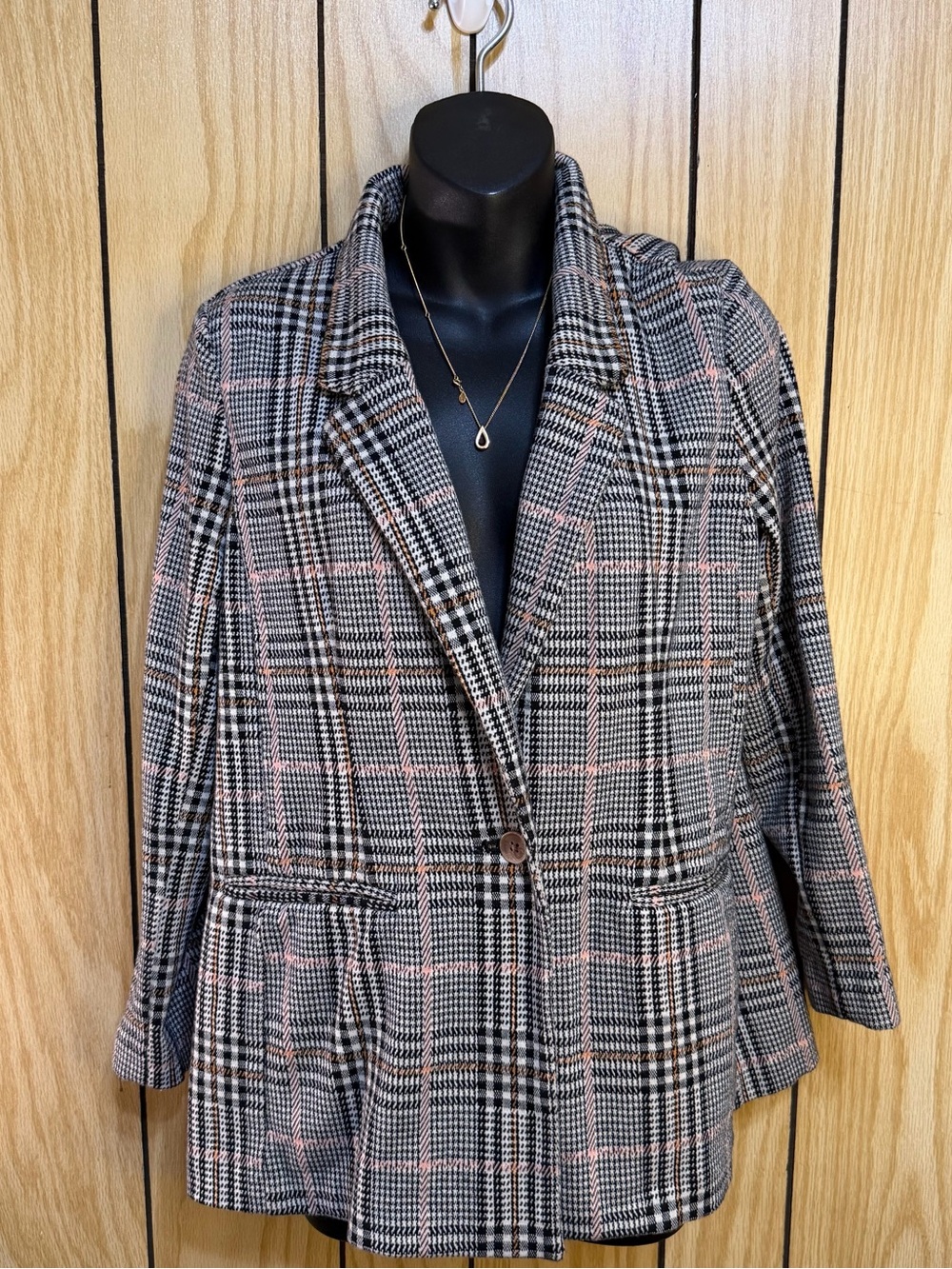 Old Navy Black, Gray & Pink Plaid Notch Collar Blazer